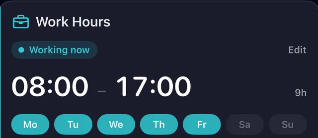 Work Hours card showing the city's working window