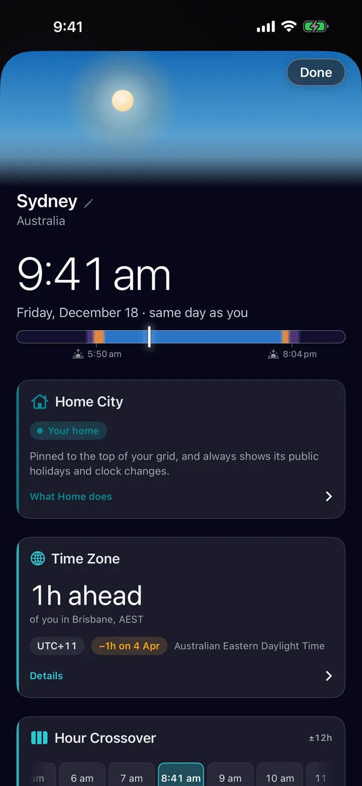 The redesigned Time Zone Buddy city view for Sydney at 9:41 am: a bright morning sky fills the header, above the local time, a daylight bar with a marker early in the day and sunrise and sunset labelled beneath it, a Home City card, and a Time Zone card reading 1 hour ahead of you in Brisbane