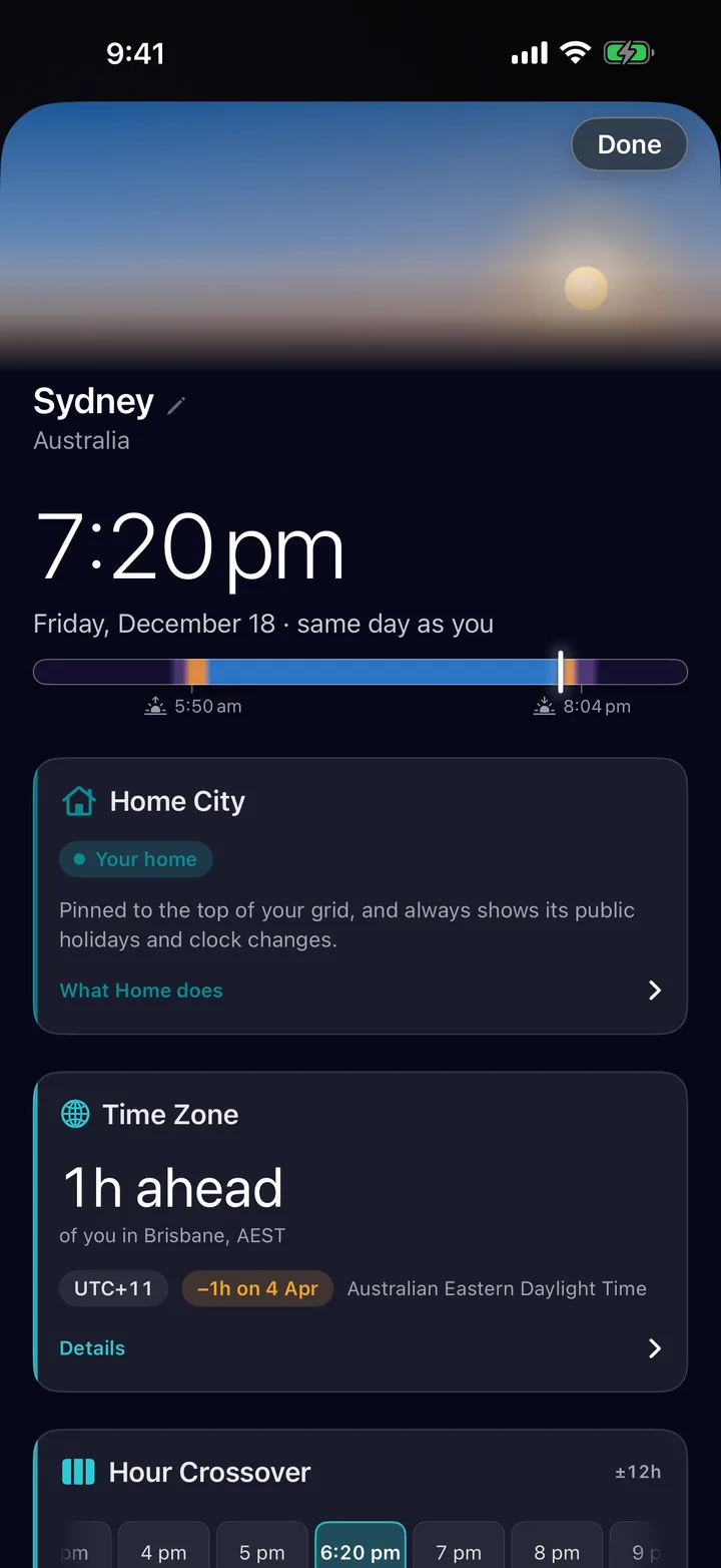 The same city view at 7:20 pm, the header now a pink and purple sunset and the daylight bar&rsquo;s marker near the end of the day