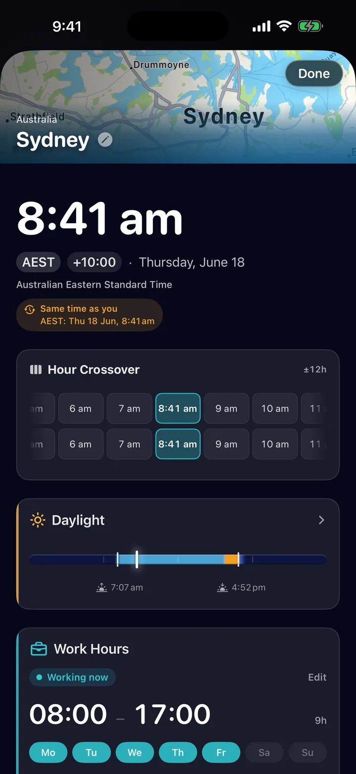 Time Zone Buddy city detail for Sydney with a live map, local time, hour crossover, daylight arc, and work hours