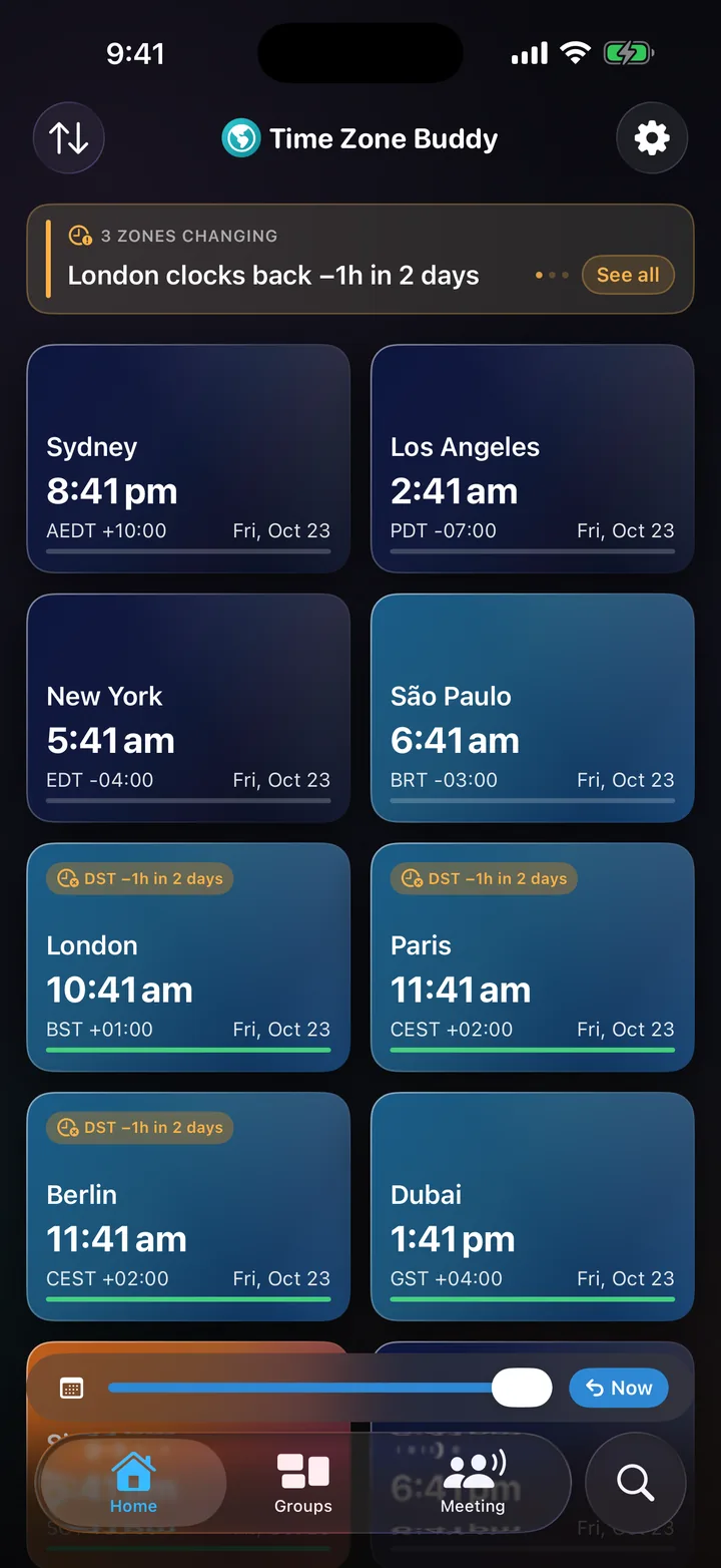 Home screen with a Daylight Saving Time change banner and per-city DST countdown pills