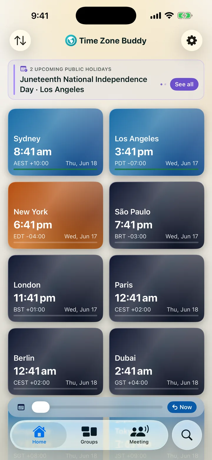 Daylight-aware zone cards in light mode shifting colour with the daylight in each city