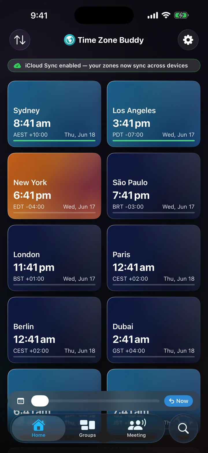 Time Zone Buddy home screen with daylight-aware zone cards showing live daylight for cities around the world