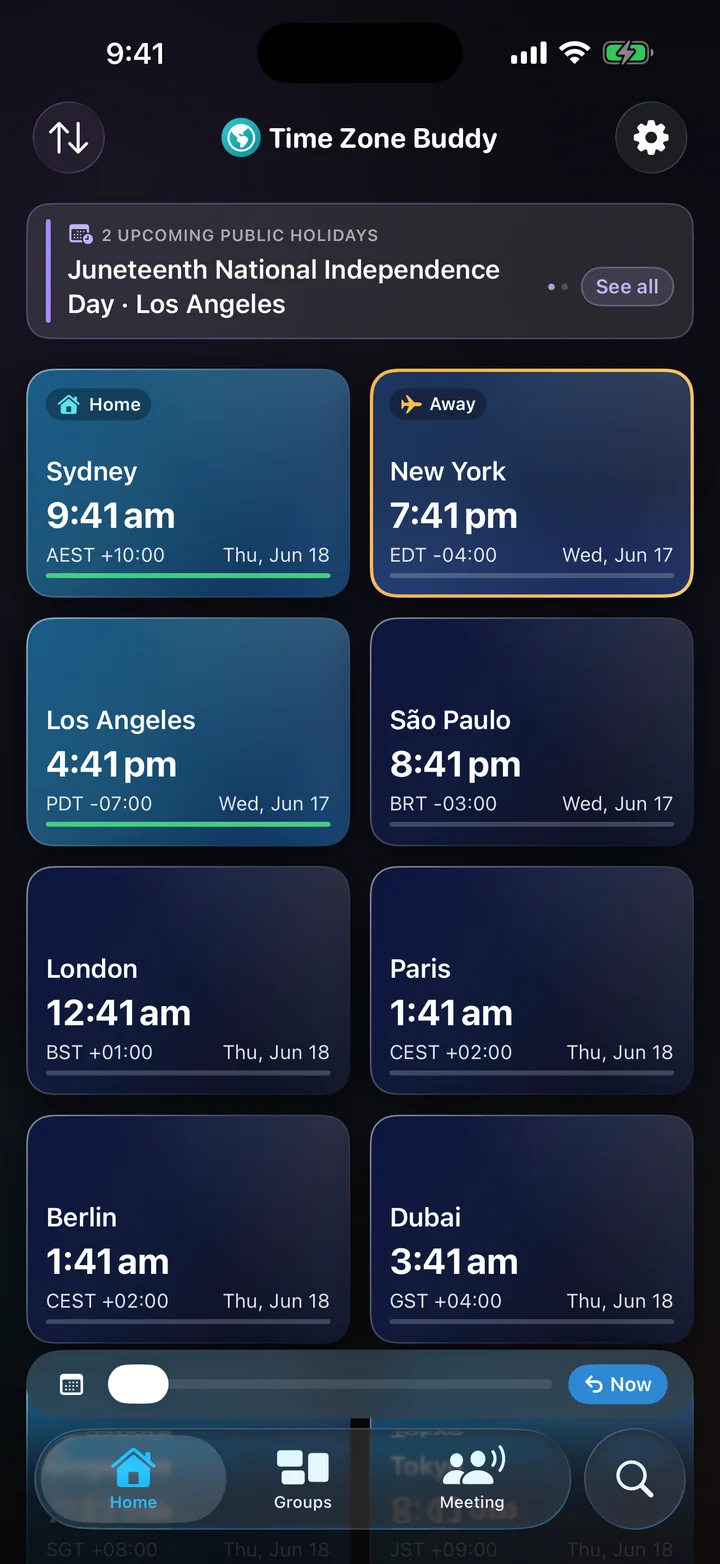 Time Zone Buddy Travel Mode showing Sydney pinned as Home beside an automatic Away card for New York
