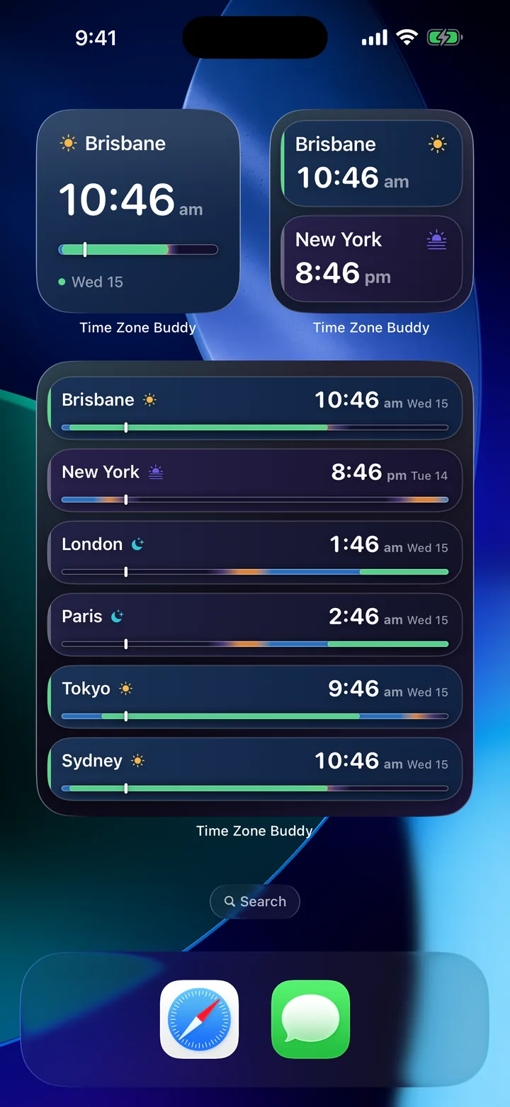 iPhone Home Screen with Time Zone Buddy Single Zone and Multi-City widgets shaded by live daylight