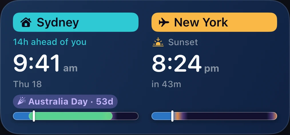 Home and Away medium widget comparing Sydney Home and New York Here with daylight, sunset, and holiday details