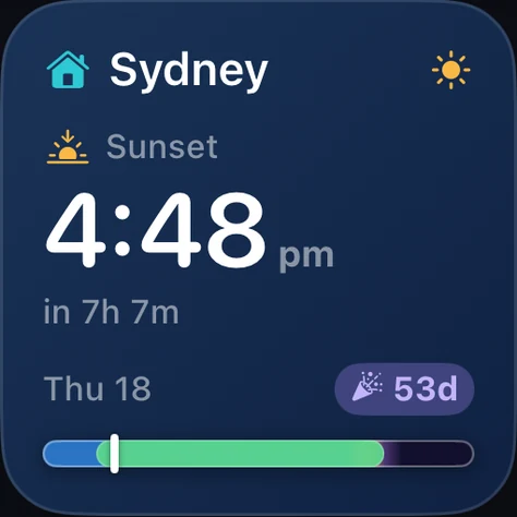 Home and Away small widget showing the pinned Home city's time, sunset, holiday countdown, and daylight timeline