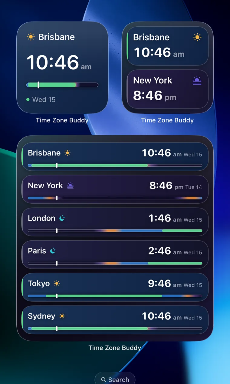 Time Zone Buddy Home Screen widgets on iPhone showing Single Zone and Multi-City time zone widgets with live daylight shading