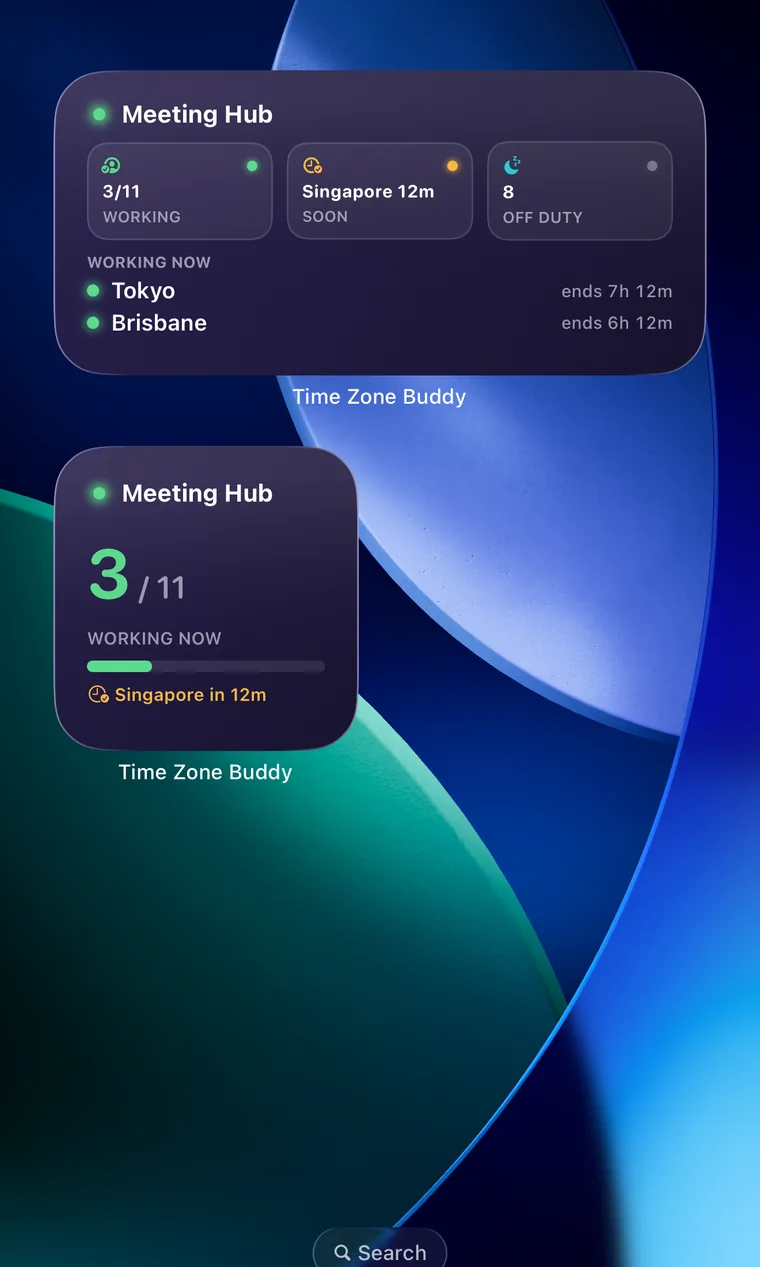 Time Zone Buddy Meeting Hub widget on iPhone Home Screen showing who is working now across time zones