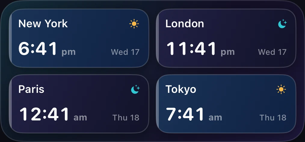 Multi-City medium time zone widget showing four cities with daylight-tinted tiles
