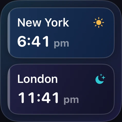 Multi-City small time zone widget showing two cities with daylight-tinted tiles