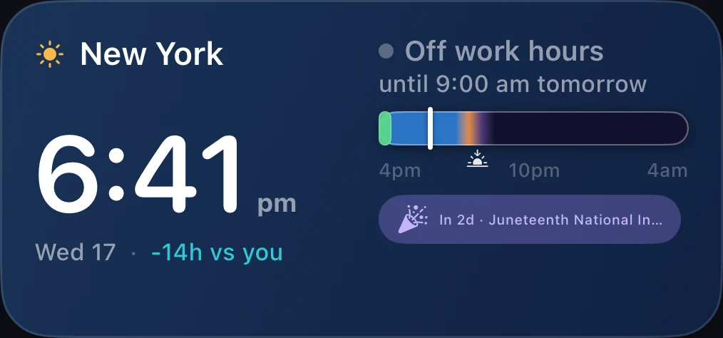 Single Zone medium time zone widget with day timeline and work-hours status