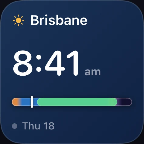 Single Zone small time zone widget showing New York local time with daylight timeline