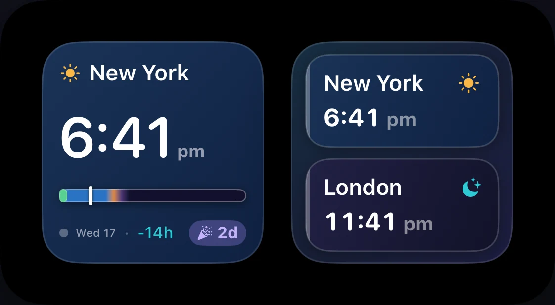 StandBy bedside mode showing a Single Zone widget and a Multi-City widget side by side on a black screen